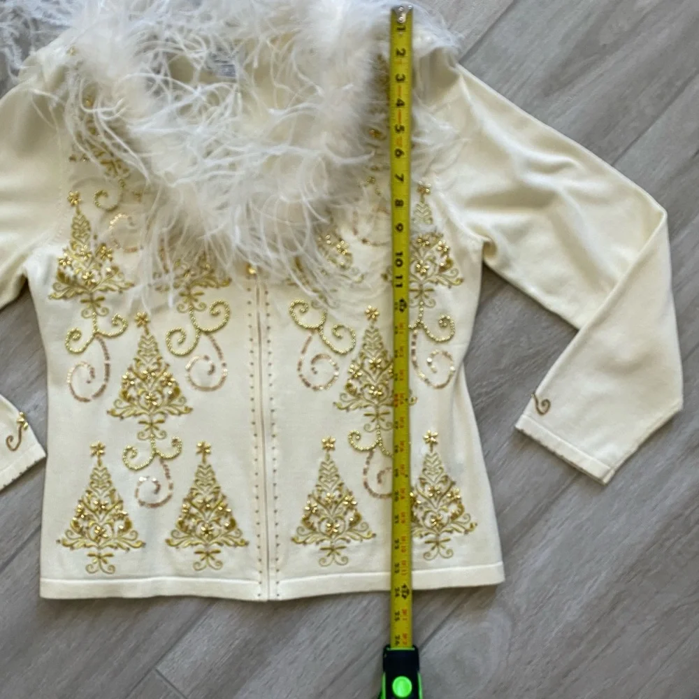 Elegant Cream and Gold Christmas Holiday Women's Sweater with Feather Trim - Picture 11 of 17